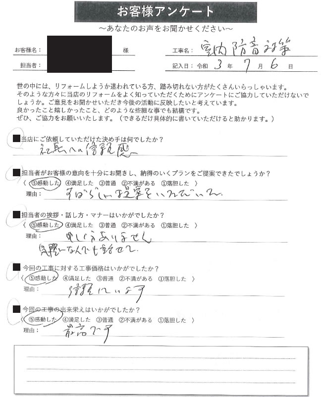 社長への信頼感が決め手。　室内防音対策等リフォーム